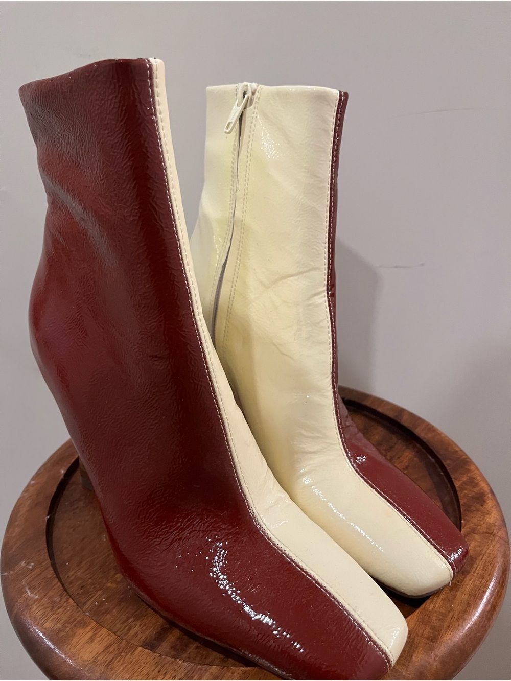 ASOS Burgundy and Cream Patent Two-Tone Ankle Boots